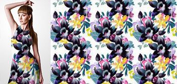 02010v Materiał ze wzorem ręcznie malowane egzotyczne kwiaty z kolorowymi dodatkami